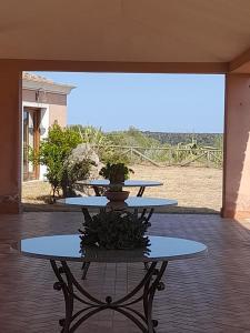 een patio met een tafel met een plant erop bij Hotel Funtana Ena in Loceri