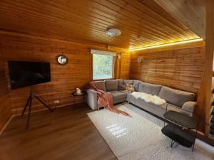 a living room with a couch and a flat screen tv at Villa Vanttaja in Kuusamo