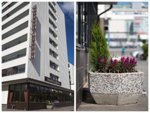 two pictures of a building with a planter with flowers at Hotel Milton in Jyväskylä