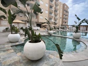 un edificio con piscina con plantas en macetas en Cozy apartment Chatt Meriem, en Chott Meriem