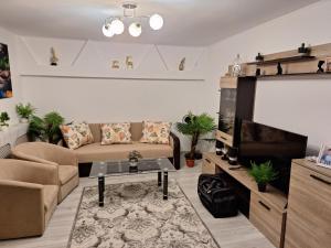 a living room with a couch and a flat screen tv at LuxuryGiftloc in Bucharest
