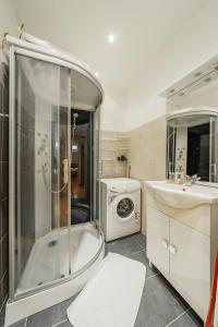 a bathroom with a shower and a sink and a washing machine at Spacious Belvedere Apartment in Vienna