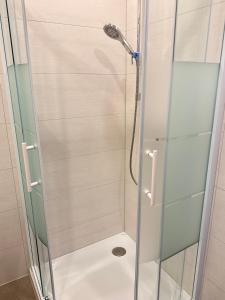 a shower with a glass door in a bathroom at Liesingtal Premium Room in Vorderlainsach +7 photos