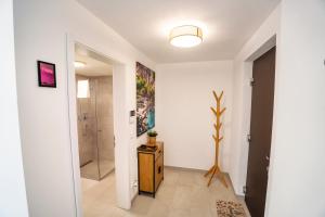 a hallway with a bathroom with a shower and a table at Garten, Küche, Parkplatz & Mehr - Komfort Apartment Bavaria in Scheyern +18 photos