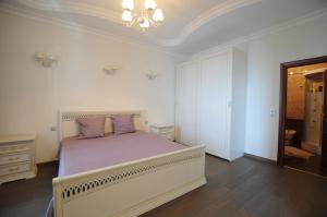 ニースにあるAppartement 53 Promenade des Anglaisのベッドルーム1室(大型ベッド1台、紫色の枕付)