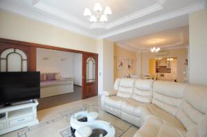 a living room with a couch and a tv at Appartement 53 Promenade des Anglais in Nice