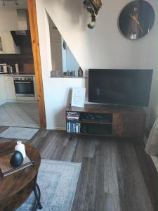 un salon avec une grande télévision à écran plat dans l'établissement Ferienwohnung Mephisto und Faust, à Thale