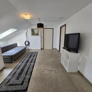 ein Wohnzimmer mit Couch und Flachbildfernseher in der Unterkunft Helles Privatzimmer mit Gemeinschaftsküche und-bad in Hannover