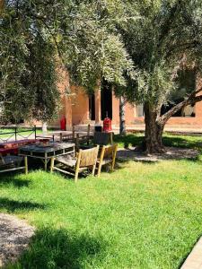 a group of picnic tables and a tree in a park at Spacious and comfortable villa in Marrakech