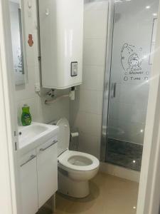 a white bathroom with a toilet and a shower at Royal House Meaux Centre-Ville Disneyland Paris in Meaux +13 photos