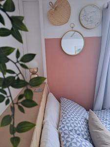 ein Schlafzimmer mit einem Bett, Spiegeln und einer Pflanze in der Unterkunft Whole Annexe in our family home & private entrance in Ipswich