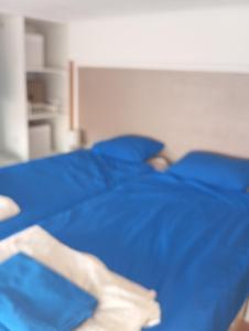 a bed with a blue comforter and pillows at Casa Roisin old town in Lagos
