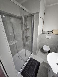 a bathroom with a shower and a toilet and a sink at Apartment Park - Air-conditioned in Šamorín