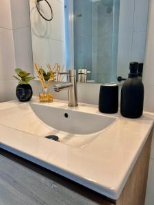 a bathroom counter with a sink and a mirror at Depto moderno en Nuñoa cerca Metro y Barrio Italia in Santiago
