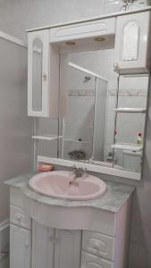 ein Badezimmer mit einem rosa Waschbecken und einem Spiegel in der Unterkunft Good Sucess Country House - Casa de Campo Bom Sucesso in Soure + 71 Fotos