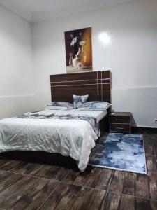 a bedroom with a king sized bed and a rug at Grand Studio avec toutes les commodités in Dakar