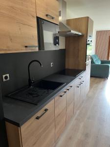 a kitchen with a sink and a black counter top at Studio cosy proche du centre in Les Gets +5 photos
