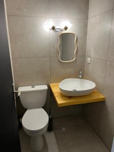 a bathroom with a toilet and a sink and a light at Studio cosy proche du centre in Les Gets