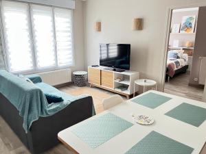 a living room with a couch and a tv at La Falaisienne - Appartement pour 4 au cœur de Falaise - "Larès" in Falaise