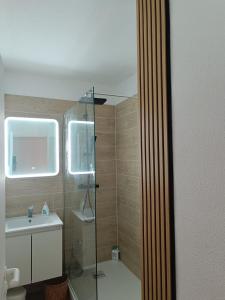 a bathroom with a glass shower and a sink at Beautiful apartment with direct beach access in Sète