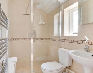 a bathroom with a toilet and a sink and a shower at Pilots House Aldeburgh in Aldeburgh