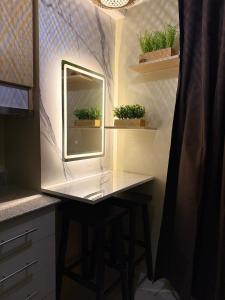 ein Spiegel auf einer Ablage in einem Badezimmer mit Topfpflanzen in der Unterkunft Balcony Studio Ayala with Ultra-Fast 400 Mbps WiFi in Cebu City