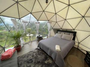 a room with a bed and a large window at El Alpino Cabaña Glamping & Camping in Guatavita