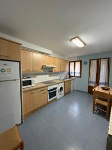 a kitchen with wooden cabinets and a white appliance at Casa Manu in Santa Cilia de Jaca