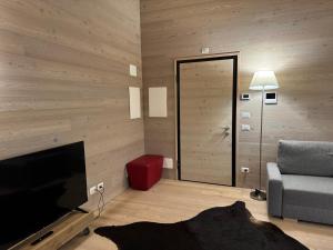 a living room with a tv and a chair and a mirror at Haus Viki in Sesto +7 photos