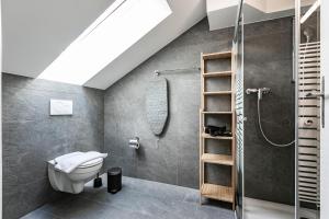 un baño con inodoro y ducha en book2stay - Apartments Spisertor, en St. Gallen 27 fotos más