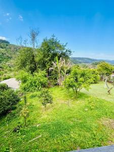 ein Grasfeld mit Bäumen und einem blauen Himmel in der Unterkunft Cantinho aconchegante na Serra in Três Coroas