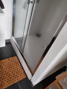 a shower with a glass door in a bathroom at Entire apartment with outdoor area in Le Havre