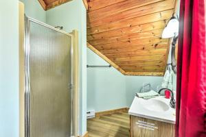 a bathroom with a shower and a sink and a mirror at Premium 4Br Cabin Closest To Elk Ski, Nyc, Philly Free Wifi - The Log Cabin in Pleasant Mount +12 photos