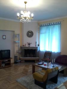a living room with a fireplace and a chandelier at Toma's vila in Borjomi