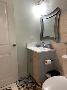 a bathroom with a sink and a mirror and a toilet at Urban Loft in Falmouth +11 photos