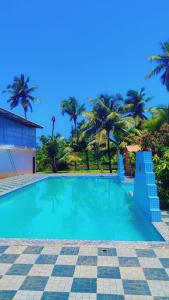 マンドレムにあるBoutique Wellness & Yoga Hotel Goaのヤシの木が背景に広いスイミングプール