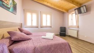 a bedroom with a purple bed with pillows and a tv at Pensión Pereiro in Melide