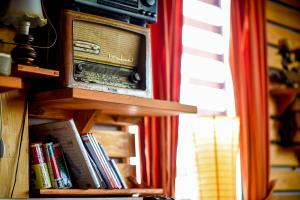 a tv sitting on top of a book shelf with books at San Art Floating Hostel & Apartments in Belgrade