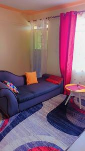 sala de estar con sofá azul y cortinas rosas en MIMYHOMES haven, en Nairobi
