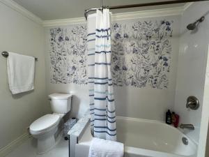 une salle de bain avec toilettes et rideau de douche dans l'établissement Carlton House, à Toronto