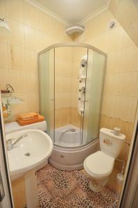 een badkamer met een douche, een toilet en een wastafel bij VIP apartments on Admiralskaya in Nikolayev