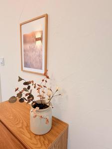 a plant in a white vase sitting on a table at Ferienwohnung Auszeit in Arenborn