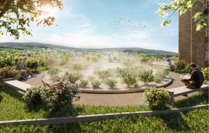 people sitting on benches in a garden with a fountain at Apartment Blankenburg in Bad Frankenhausen