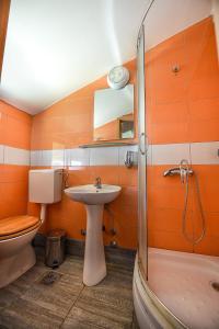 uma casa de banho com um lavatório, um WC e um chuveiro em San Art Floating Hostel & Apartments em Belgrado