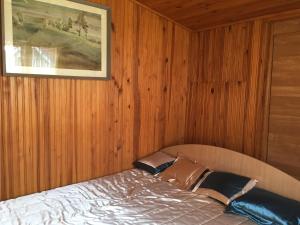 a bedroom with a bed in a wooden wall at Cozy Getaway House in Šventoji
