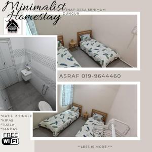 un collage de photos d'une chambre avec deux lits dans l'établissement Minimalist Homestay Dungun 2, à Kampong Sura Tengah