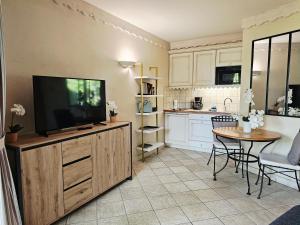 a kitchen with a flat screen tv on a wooden entertainment center at Studio Cosy avec Plage et Parking Privés au bord du Lac D'Annecy in Duingt