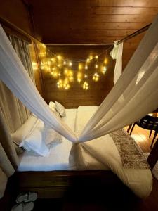 a bedroom with a bed with curtains and lights at The Attic By Snovika The Organic Farm in Bhīm Tāl