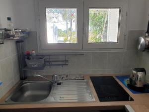a kitchen counter with a sink and a window at Ô Ravenale Manapany Les Bains in Saint-Joseph