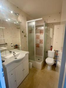 a bathroom with a toilet and a shower and a sink at L'Éterlodge Cosy - Studio au pied des pistes à Chamrousse - Ski in - Ski out - 4 personnes in Chamrousse